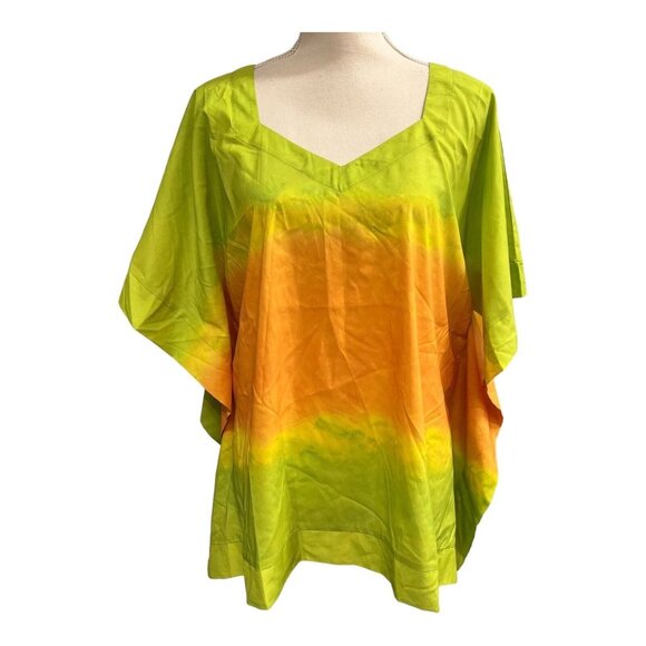 H‎ by Halston Top Womens M/L Dip Dye Lime Punch Boxy Oversized Tunic Vacation - Picture 1 of 9